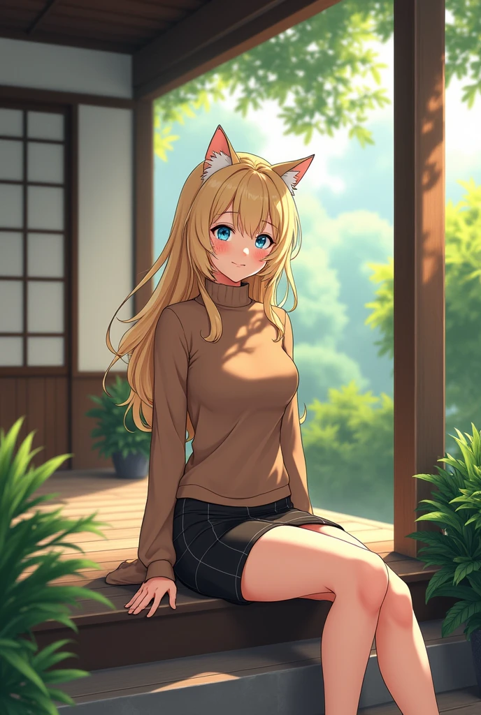 (photorealism:1.2), Anime woman, light blonde, wearing brown turtleneck sweater, wearing pencil skirt, fluffy hairstyle, smiling, blue eyes, grown woman, full body, sitting on the porch, japanese style home, plants in the garden