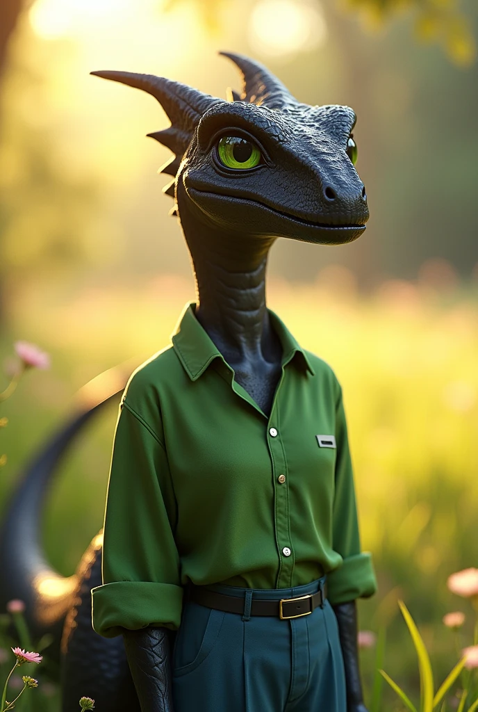Female anthro spinosaurus, smooth shiny silky black skin, green eyes, green shirt, blue pants, sunny meadow