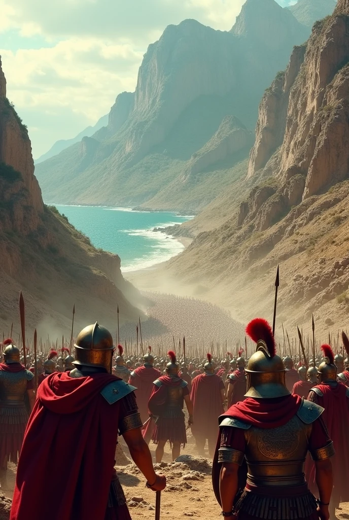 Battle of Thermopylae, seen from top to bottom with Spartans fighting Persians