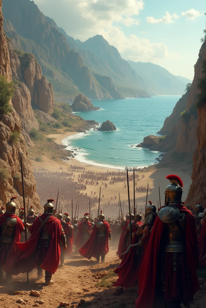 Battle of Thermopylae, seen from top to bottom with Spartans fighting Persians