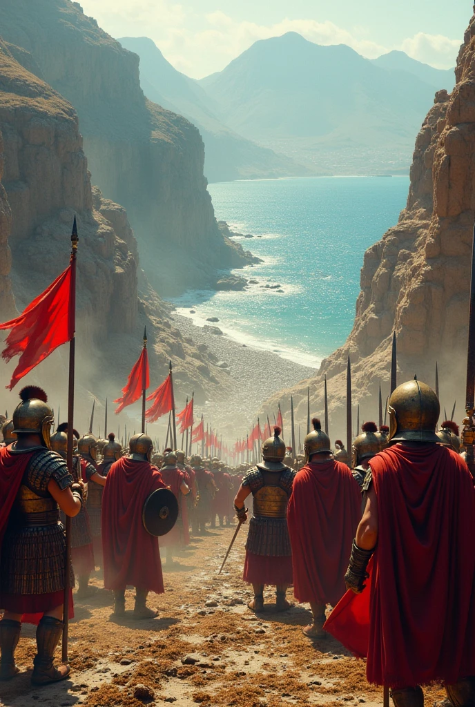Battle of Thermopylae, seen from top to bottom with Spartans fighting Persians
