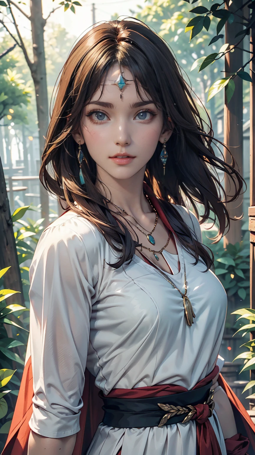 mj3d style,3dmm,3d,(masterpiece, Highest quality:1.1), Ghibli style, Mr. Miss. (mononoke hime), One girl, Bracelet, bangs, Black Hair, black undershirt, chest, Cape, Circlet, Earrings, Face Paint, Floating Hair, forest, fur Cape, Green Eyes, jewelry, View your viewers, medium chest, nature, necklace, Outdoor, parted bangs, shirt, short hair, No sleeve, No sleeve shirt, alone, tooth necklace, wood, Upper Body, white shirt