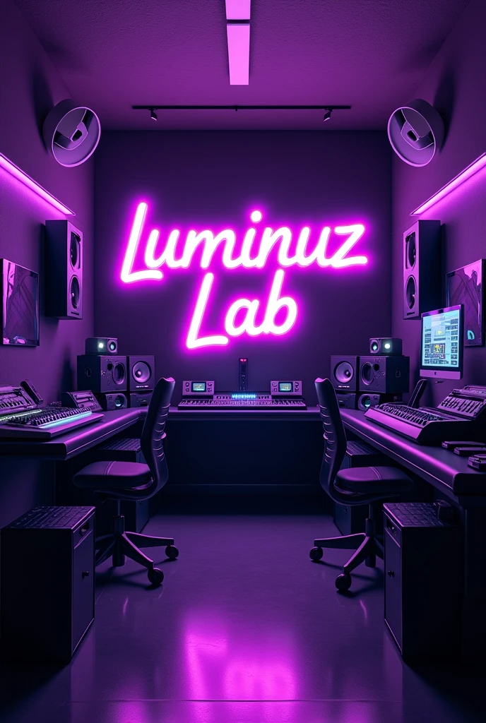 Crie uma logo, futuristic looking background, a closed room with lots of purple lights, yellow and blue. Black and detailed furniture and electronics. Electrical energy running through furniture and electronics in a subtle way, circulating the environment.
White speakers in each upper corner of the walls. Music production studio environment.
In the center of the image, The title "LUMINUZ LAB." In neon purple color. A font that inspires movement and fun.
