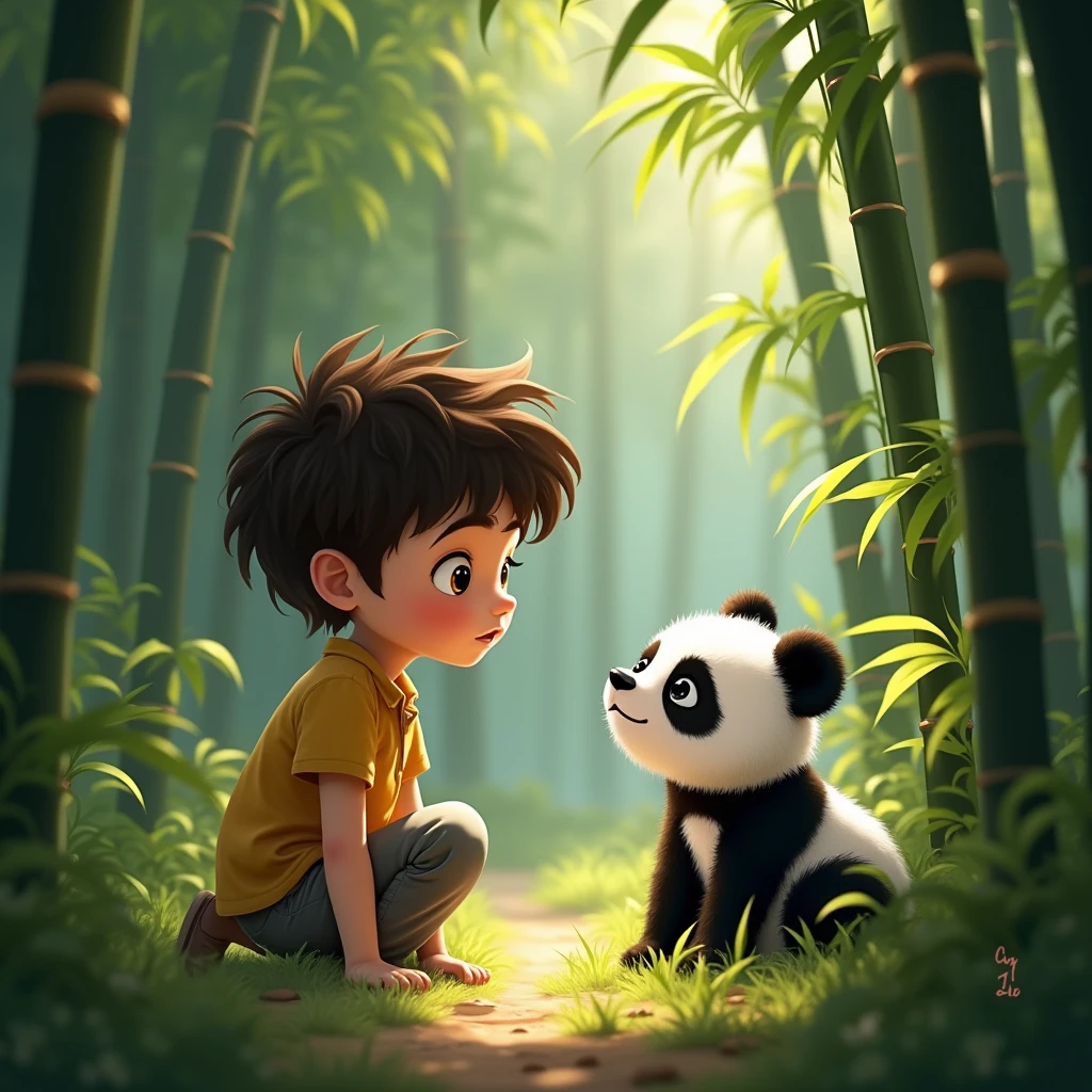Leo discovers the baby panda**:
- A dense bamboo forest with dappled sunlight filtering through the leaves. A small boy, around six years old with tousled hair and bright eyes, kneels by a bush. He is peeking through the leaves, discovering a tiny baby panda with soft, fluffy fur, looking lost and scared. The boy’s face is full of gentle concern, and the panda's eyes are big and teary.