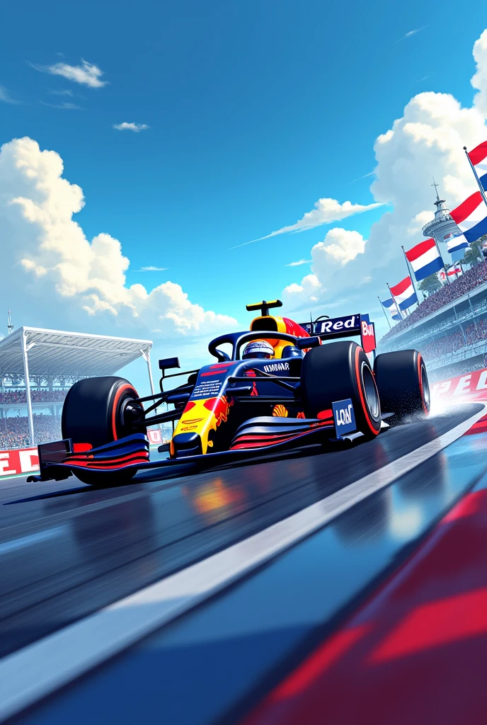 F1 Redbull car anime mobile wallpaper showing the track in the background and the sky also with some Dutch flags standing out