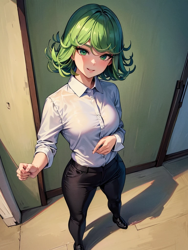 (high res, 8K, masterpiece, looking at viewer, best quality, very aesthetic, ultra detailed, ultra background, ultra Eyes) intricate details, 1girl, Tatsumaki, Wear white long sleeved shirt, long black pants, black loafers, green short hair, green eyes, Smile Face, Standing in front of the campus, Background Campus, Cinematic Angle