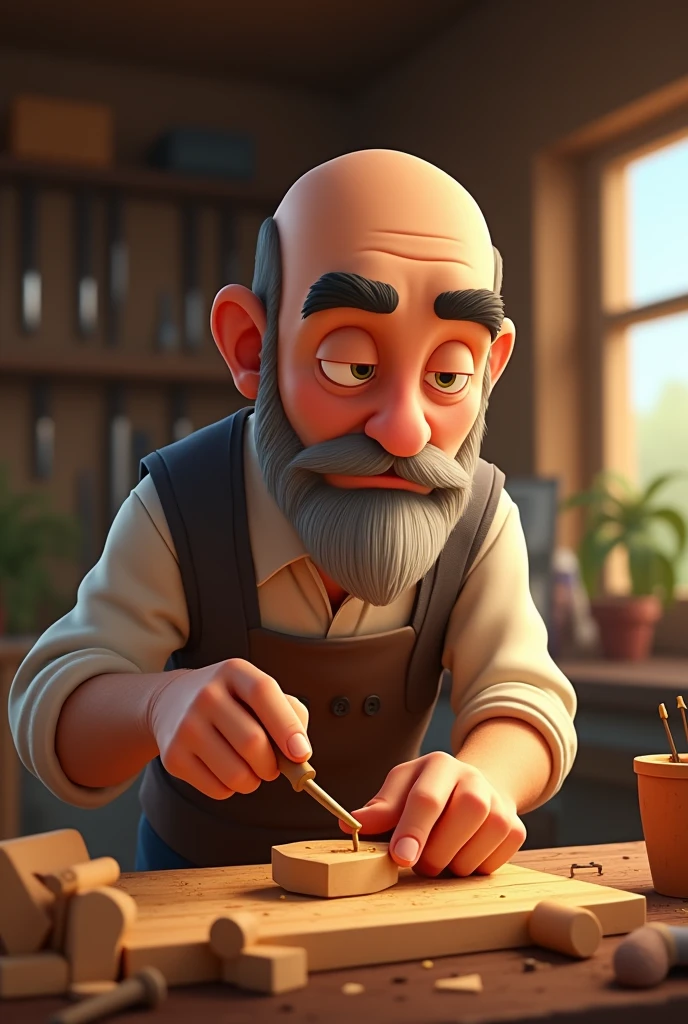 Bald animated man with black eyebrows and a graying beard crafting with wood.