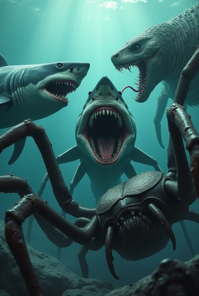 A background with a great white shark, a spider and a snake staring at me.