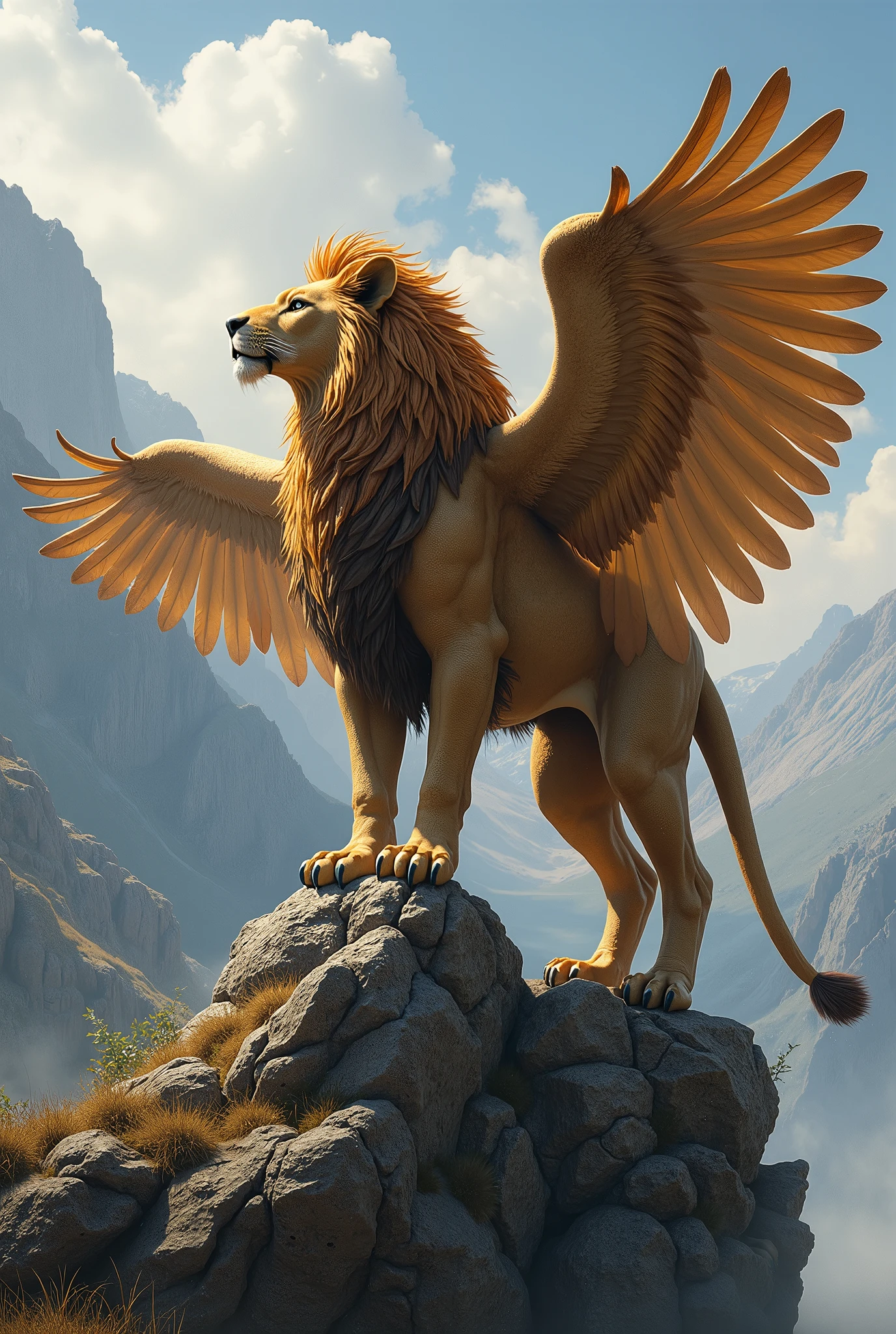Create a fictional animal that is a fusion between a bird and a lion