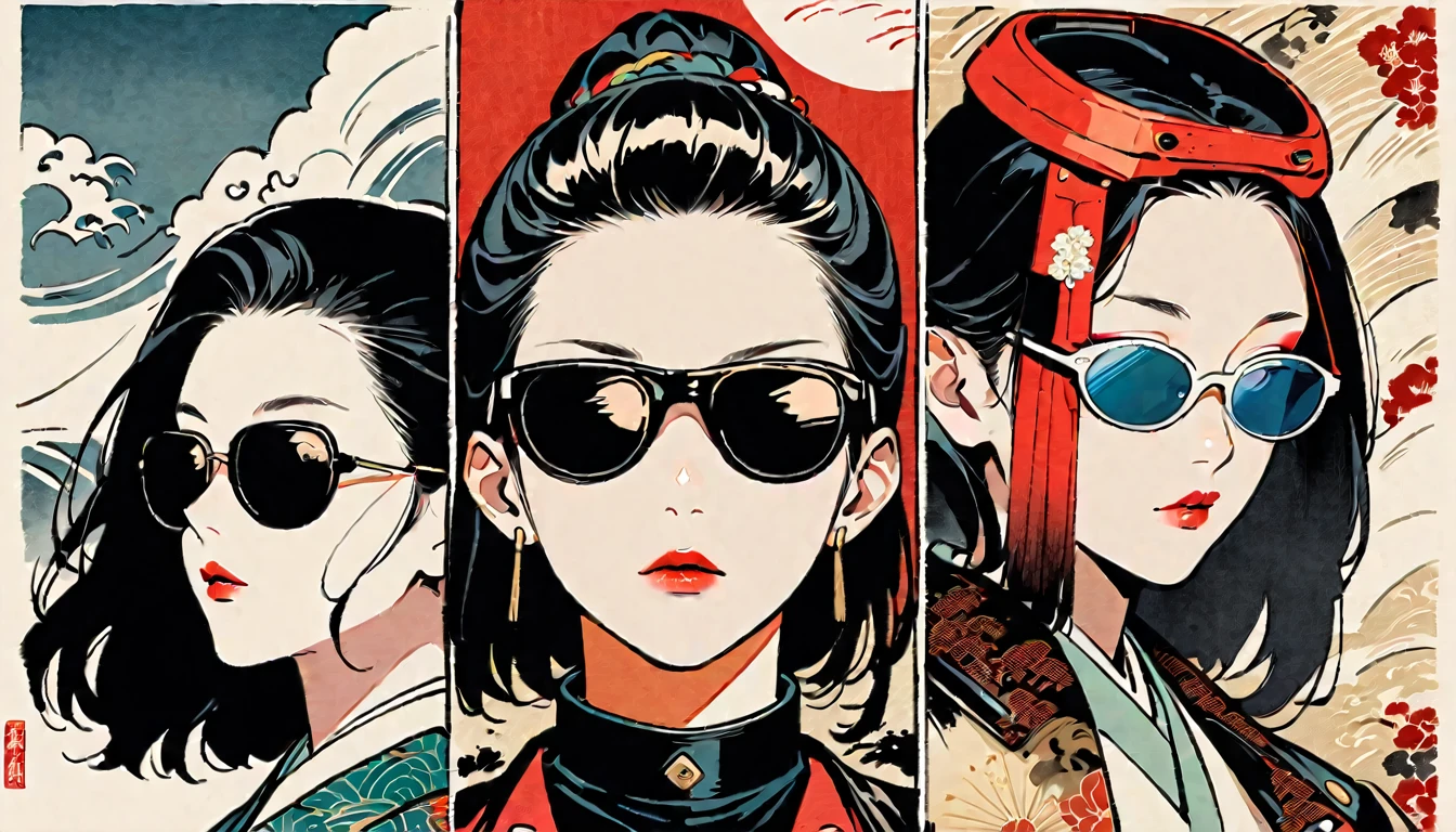 (((Ink Painting))), (((from above))), (((trio))), (((Leather jacket with Japanese patterns))), (((sunglasses))), (((Very flashy makeup))), Japanese style headphones, face close-up, front view, Japan人の美少女, Black Hair, Delicate and precise, Modern ukiyo-e style,Japan, Droopy eyes, round face, Glare, Fuller lips, vivid color