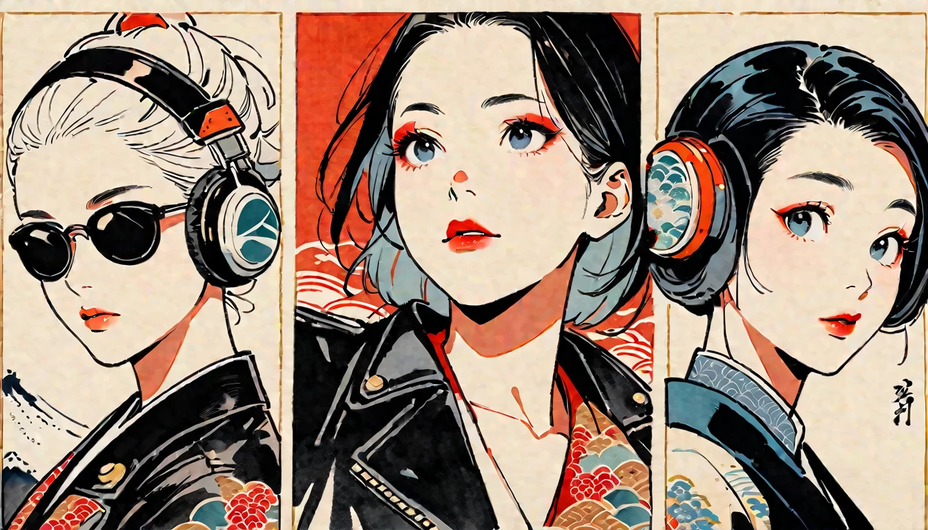 (((Ink Painting))), (((from above))), (((trio))), (((Leather jacket with Japanese patterns))), (((sunglasses))), (((Very flashy makeup))), Japanese style headphones, face close-up, front view, Japan人の美少女, Black Hair, Delicate and precise, Modern ukiyo-e style,Japan, Droopy eyes, round face, Glare, Fuller lips, vivid color