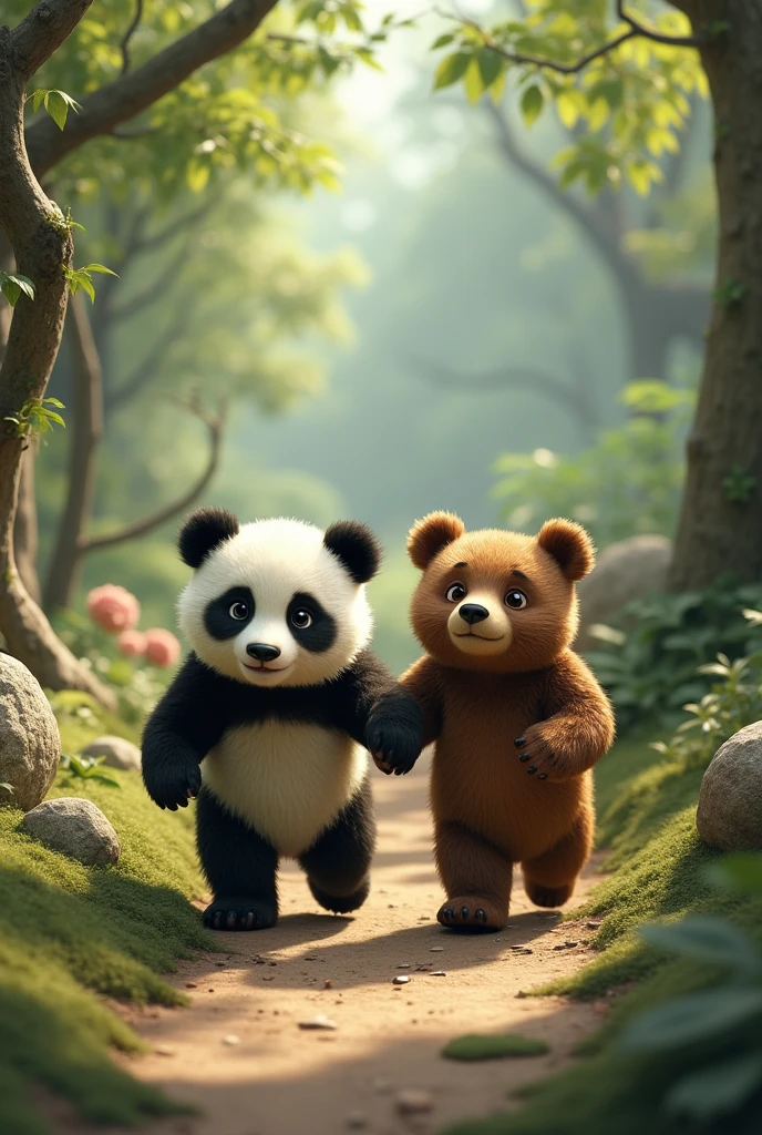 Make a picture where a panda bear and a brown bear both walk along a path of large stones and branches, the two little bears