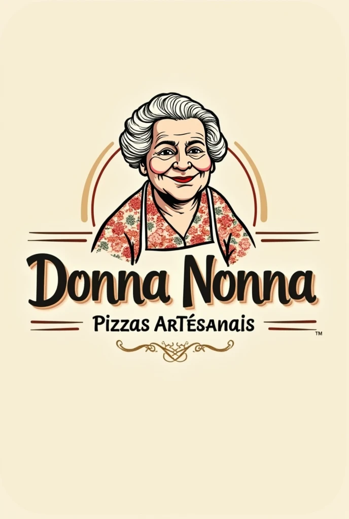 Create a logo for a pizzeria that serves classic Italian pizzas called Donna Nonna. Which also contains a stylized drawing of an older, slightly overweight Italian lady. And below the brand the words pizzas artesanais
