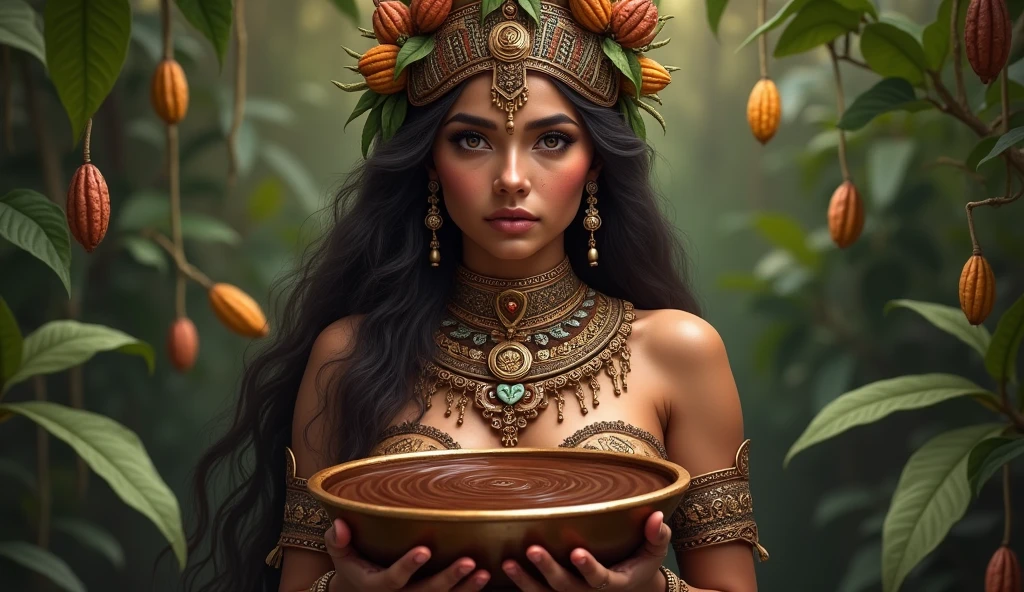 Mayan goddess IXCACAO holding a bronze bowl with melted cocoa inside, chocolate goddess, of fertility, of abundance and agriculture. in the background cocoa beans and melted chocolate, convey depth

