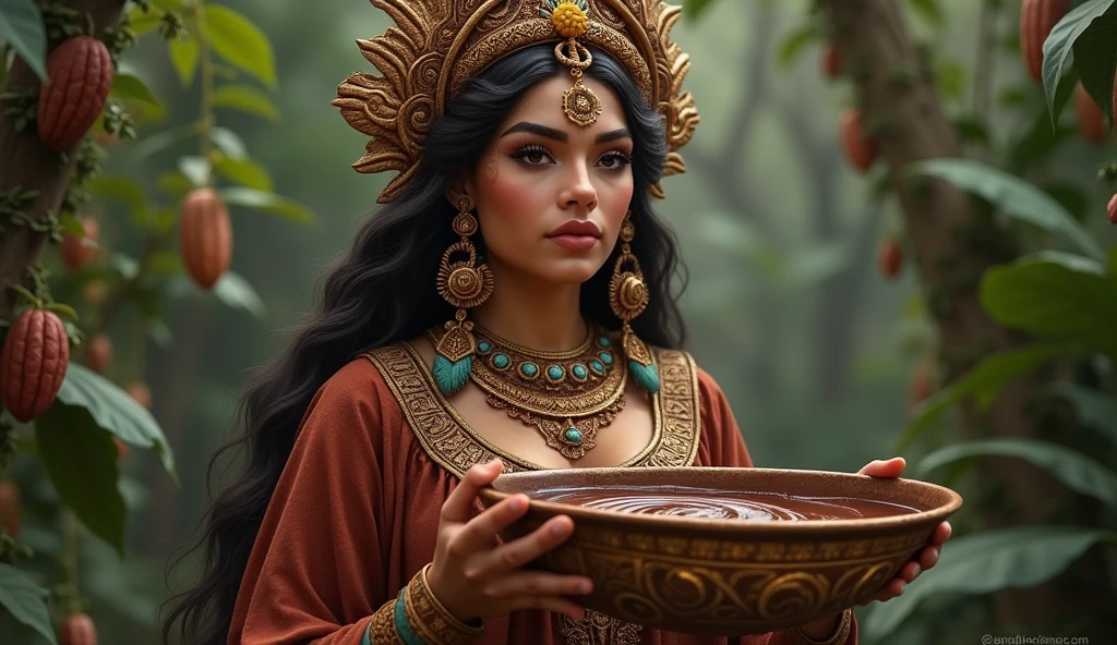 Mayan goddess IXCACAO holding a bronze bowl with melted cocoa inside, chocolate goddess, of fertility, of abundance and agriculture. in the background cocoa beans and melted chocolate, convey depth
