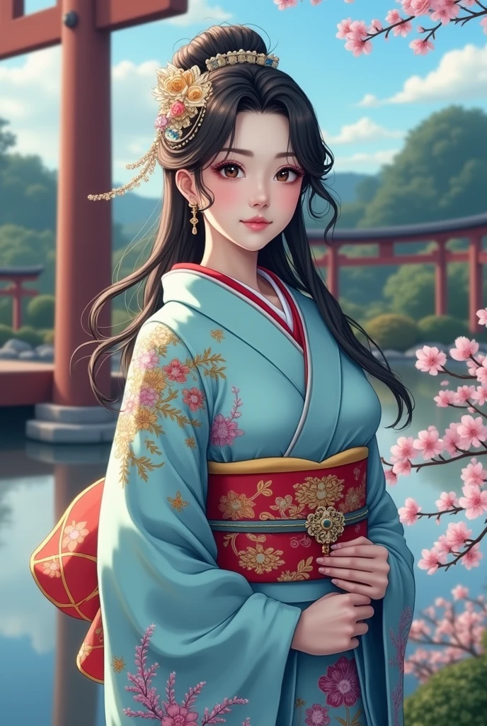 (masterpiece、Highest quality、8k、High resolution)、Traditional Japanese beauty in kimono、(The best girl in anime)、Floral pattern on white background、Vibrant colors、Japanese garden、There is a pond、Colorful flowers、Vibrant colors、Cherry Blossom、There is a drum bridge、A complete portrayal、Detailed anime art、