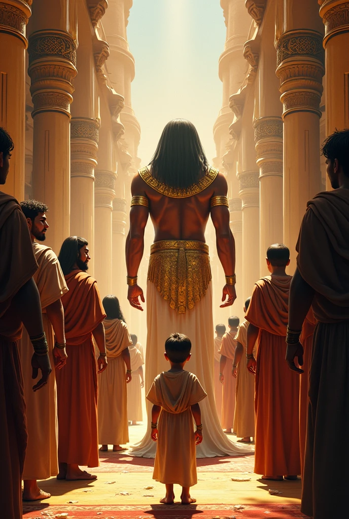 Make 10 men and a young Hebrew boy surprised by seeing an Egyptian pharaoh, make it inside a palace, make it like a movie poster