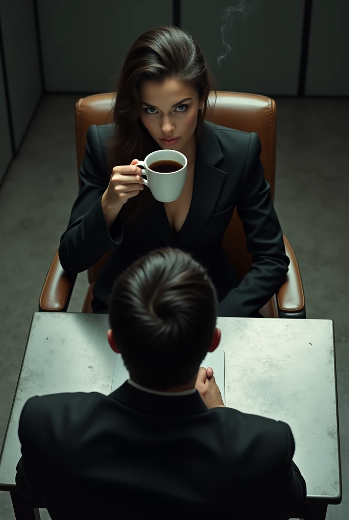 A high-angle shot of a beautiful young lawyer, sitting across from me at a small interrogation table. She is wearing a fitted blazer and skirt, and is calmly sipping coffee while asking me pointed questions.