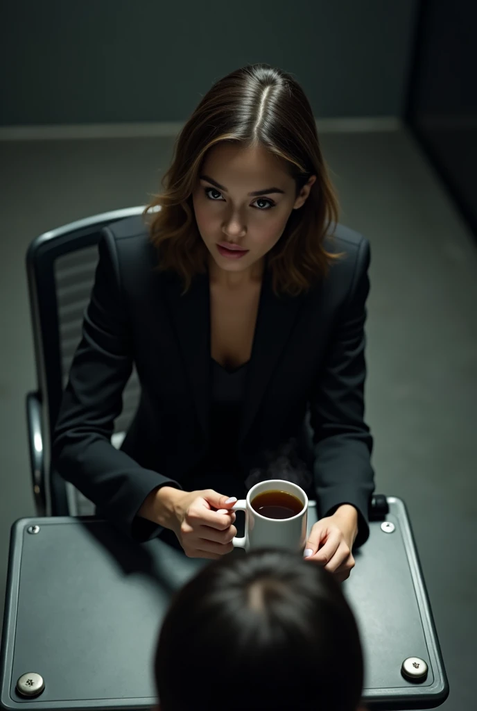 A high-angle shot of a beautiful young lawyer, sitting across from me at a small interrogation table. She is wearing a fitted blazer and skirt, and is calmly sipping coffee while asking me pointed questions.