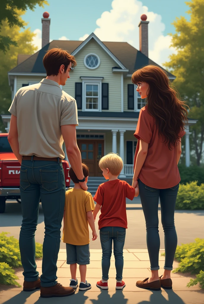 A happy family turned away from each other consisting of a brown-haired father, a mother with long brown hair, with her two children: a 7 blonde and a 9 year oldnt of his two-story mansion next to his red Dodge RAM pickup truck