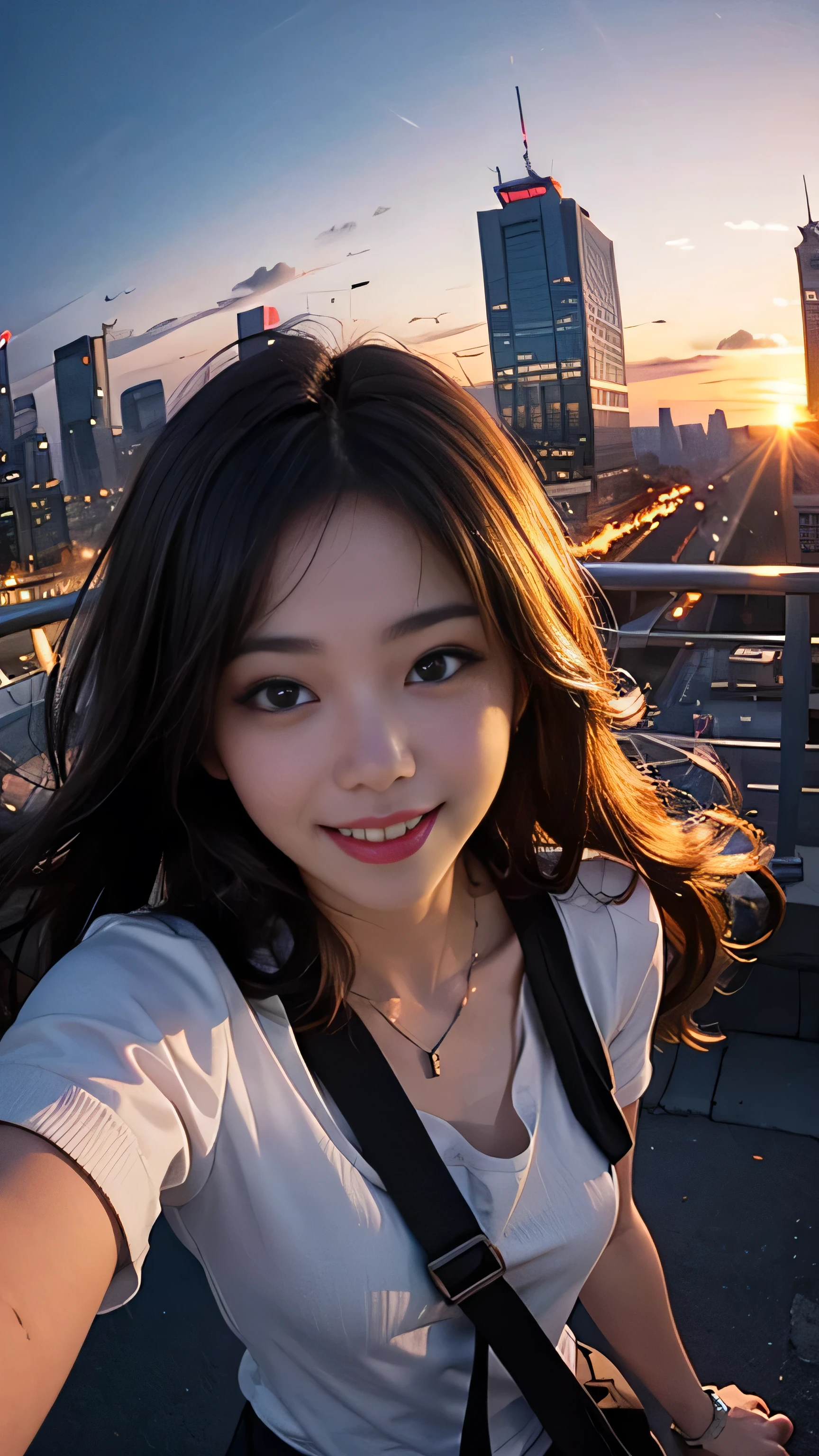 One girl, Korean, Fisheye Lens, Selfie, Wind, Messy Hair, sunset, Cityscape, (Aesthetics and atmosphere:1.2),smile