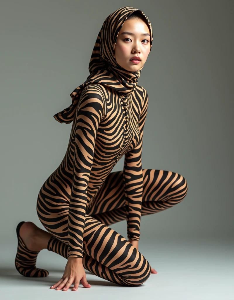 A thin and beautiful asian muslimah muslim woman wears zebra print lycra turtleneck unitard catsuit.She always wear cotton zebra print hijab.She is my favourite teacher.She is crawling.