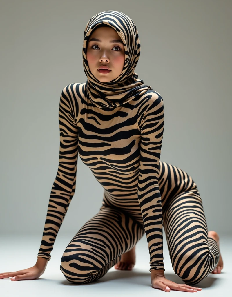 A thin and beautiful asian muslimah muslim woman wears zebra print lycra turtleneck unitard catsuit.She always wear cotton zebra print hijab.She is my favourite teacher.She is crawling.