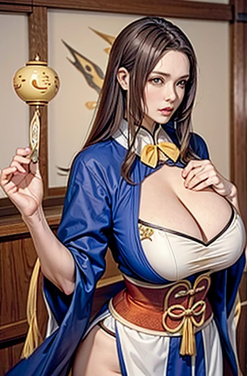 A woman，Breasts larger than torso。Competent female boss。Taoist robe。peach wood sword。yellow talisman。