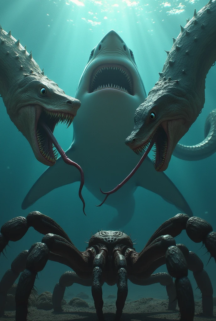 A background with a great white shark, a spider and a snake staring at me.