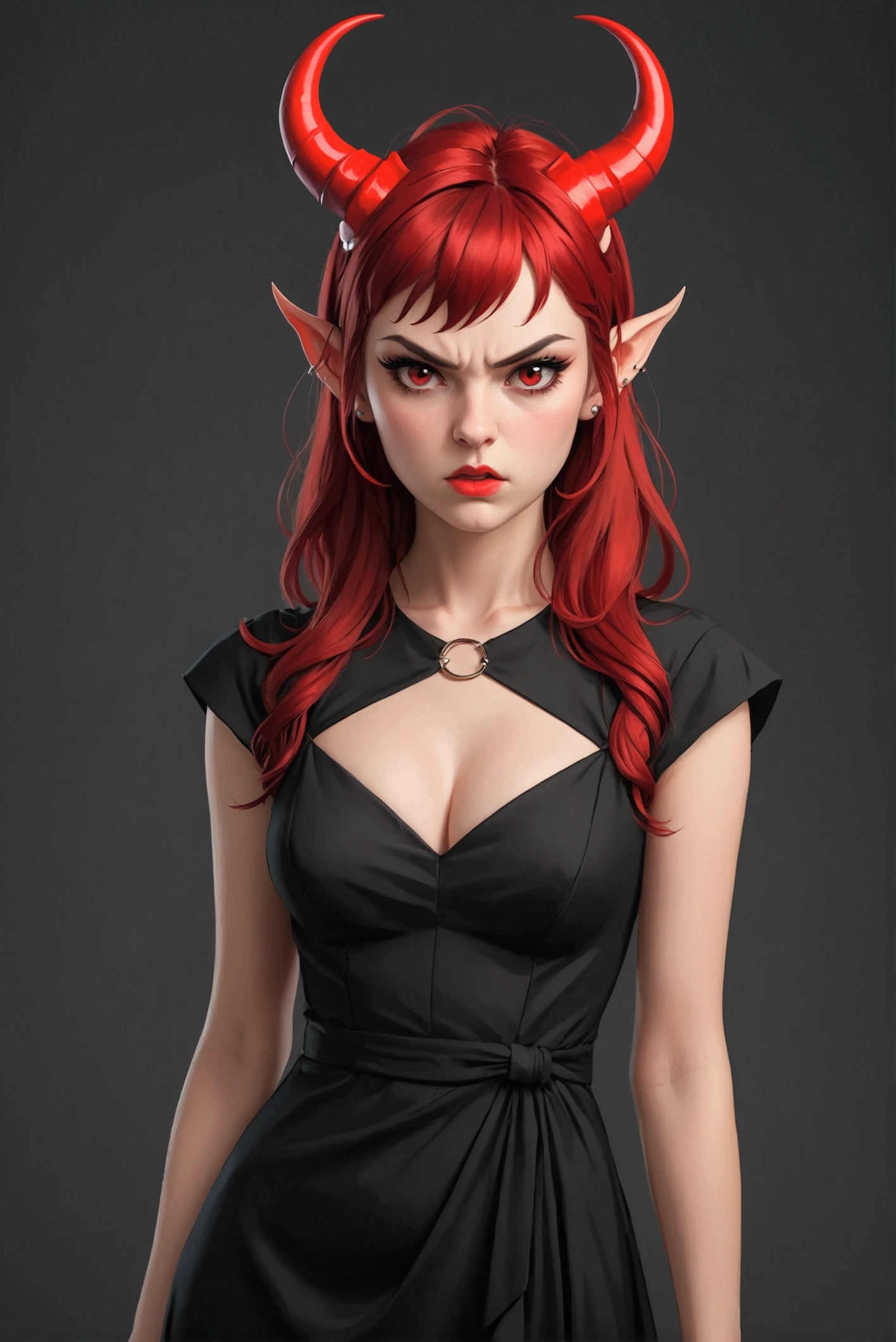 Beautiful 25 year old women with medium breasts in a black dress with red horns and an angery face