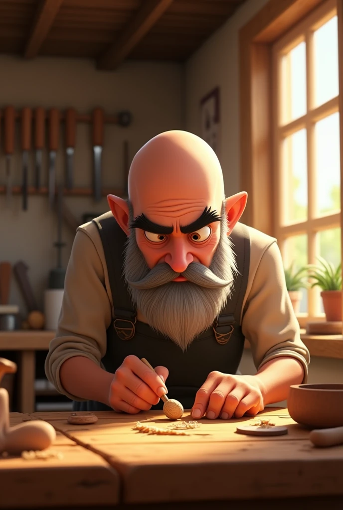 Bald animated man with black eyebrows and a graying beard crafting with wood.