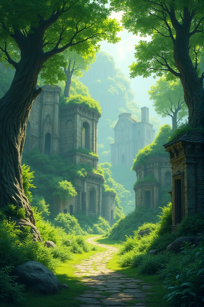 The anime takes place in a green world full of trees and old buildings.