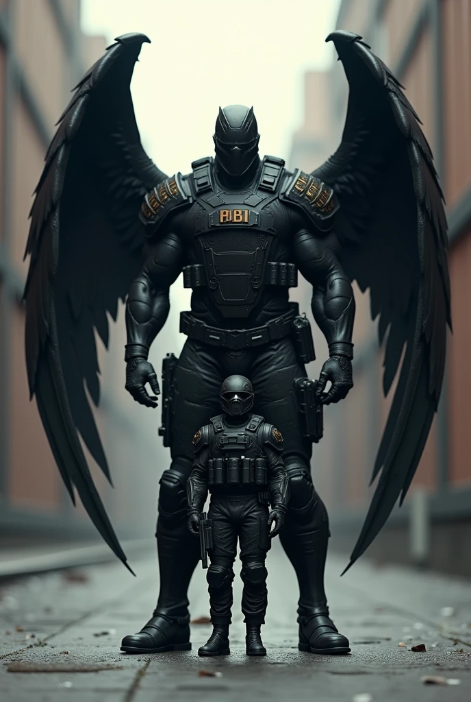 Soldier next to a 2&#39;90m attractive man in heavy black tactical military gear who has black wings on his back shows the difference in sizes