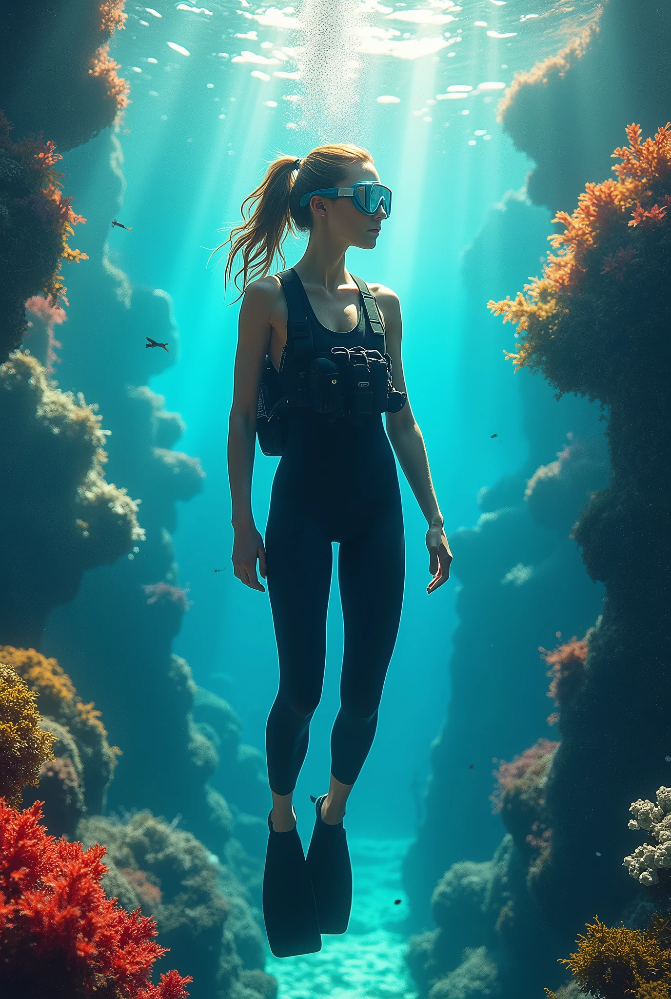 ((Best Quality)), ((masterpiece)), (detailed), 1 girl, diving underwater dressed in a wetsuit, mask, air bottle, freediving vest and fins, in a tropical background full of corals