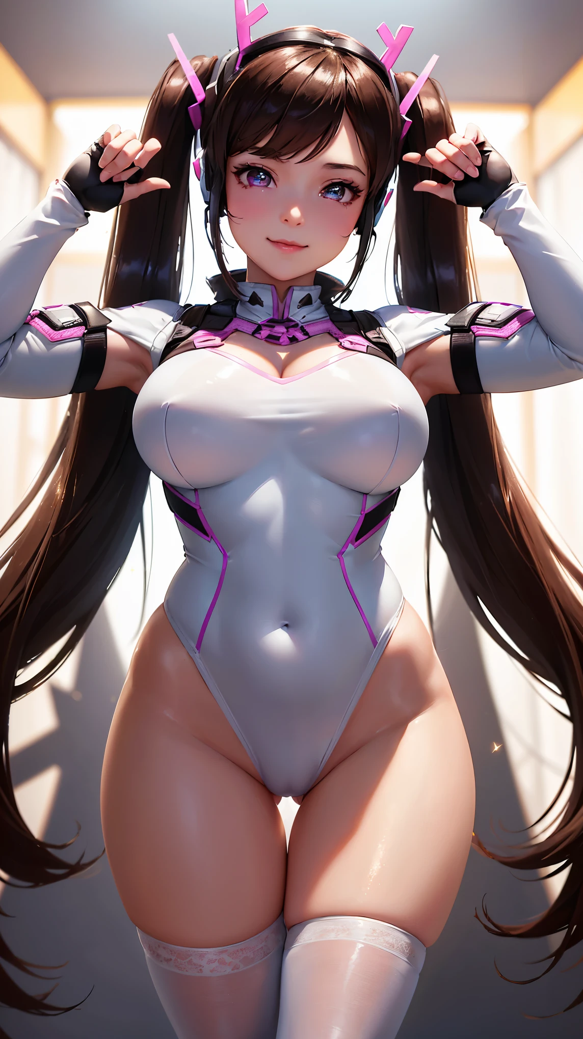 (masterpiece), (best quality), (intricate details), high resolution, visually stunning, sidelighting, deep shadow, nothing but white background, (Dva from overwatch), (dva cosplay costume), brown hair, heart-shaped pupils, glowing amber eyes, innocent smile, cinematic lighting, sparkle, ray tracing, backlighting, ((super shiny face)), thick thighs with skinny body, winking,