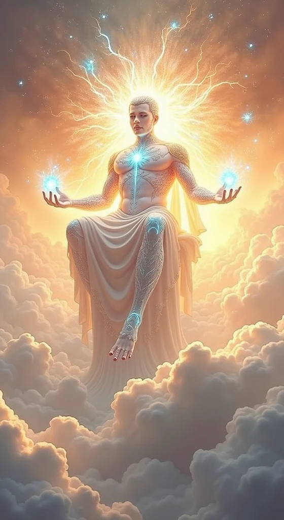spirit, a non-physical element, similar to a plasmatic energy radiating bright blue orange and white colors like strong light, spirit taking human form, in a divine celestial kingdom sacred God sky, sitting on the throne in the beautiful sky showing a holy city like crystal from above,