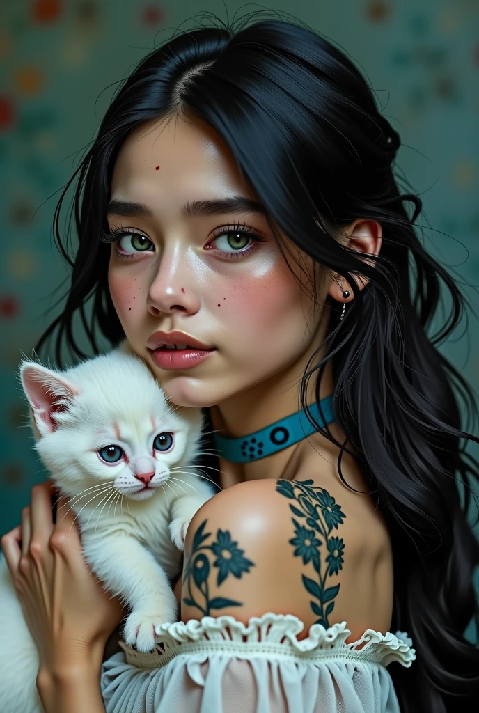 1girl, facing the camera, solo, long hair, slight smile, green eyes, tattoos, blue jewelry, closed mouth, black hair, earrings, lace chocker, blue lips, animal, holding a white kitten, kitten, looking up, portrait, freckles, on head, animal on head, cat on her head,