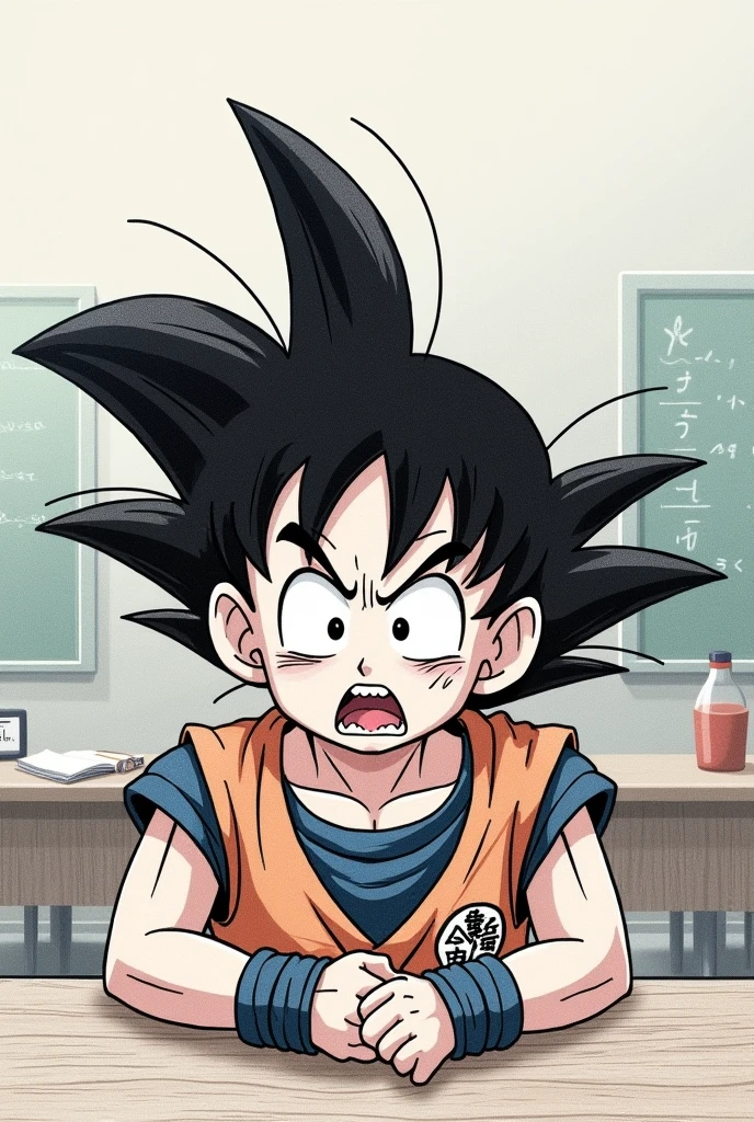 Create a cover page related to the topic "learning problems" that is easy to draw in pencil ,where is this Goku stressed for not learning and with an expression of not being able and distressed in color at school