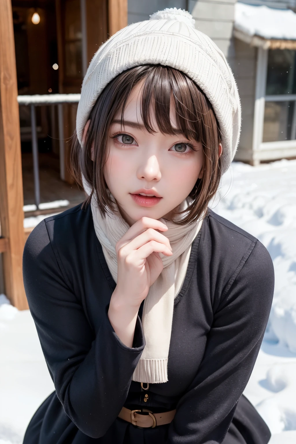 (masterpiece, Highest quality),One Girl, solo, Black-haired, scarf, hat, Realistic, Realistic, Looking at the audience, Light-coloured black eyes, Short brunette bob hair, Brown coat, Winter clothes, White headscarf, Lips, Bans, Plein Air, Mouth closed, Upper body、Big eyes、Eyelashes、((Beautiful landscape with sparkling snow))、(((Short bob hair with bangs、Shiny Hair、Big eyes、large full chest、Intensely accentuates the eyes、Staring at the audience、Beautiful beauty、Listen carefully、Long neck、Smile a little、Please close your mouth and laugh、Ideal body proportions)))、{huge|big|hugeな|Mega} chest:2, chestの谷間:2