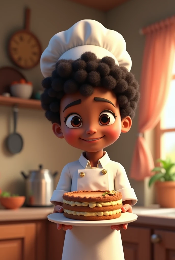 Create an animated image of a dark-skinned boy with curls, chef dress, holding a cake
