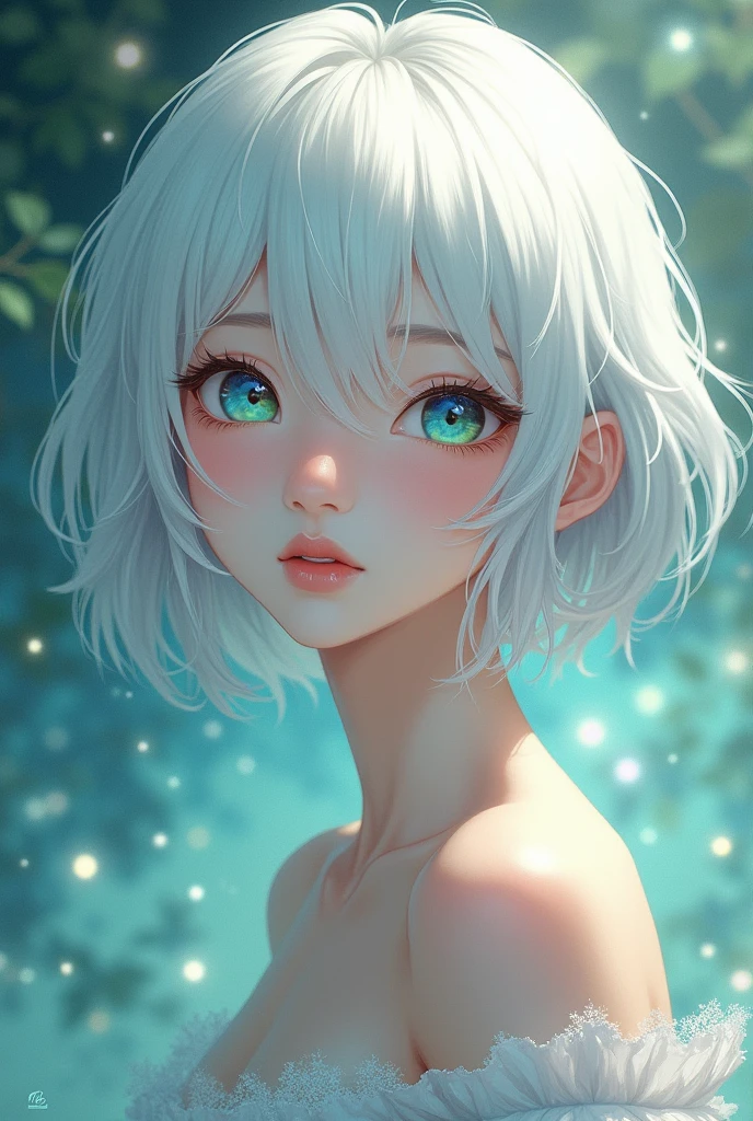 anime style, woman, with one blue eye and one green eye, short white hair.
resting.
The most beautiful thing in the world.