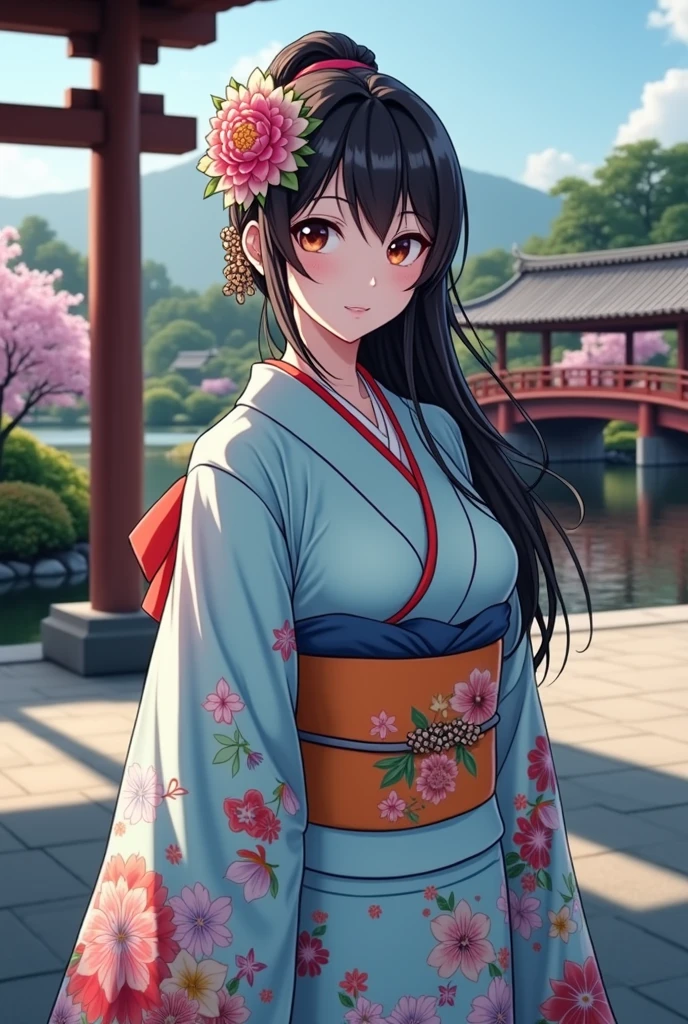 (masterpiece、Highest quality、8k、High resolution)、Traditional Japanese beauty in kimono、(The best girl in anime)、Floral pattern on white background、Vibrant colors、Japanese garden、There is a pond、Colorful flowers、Vibrant colors、Cherry Blossom、There is a drum bridge、A complete portrayal、Detailed anime art、