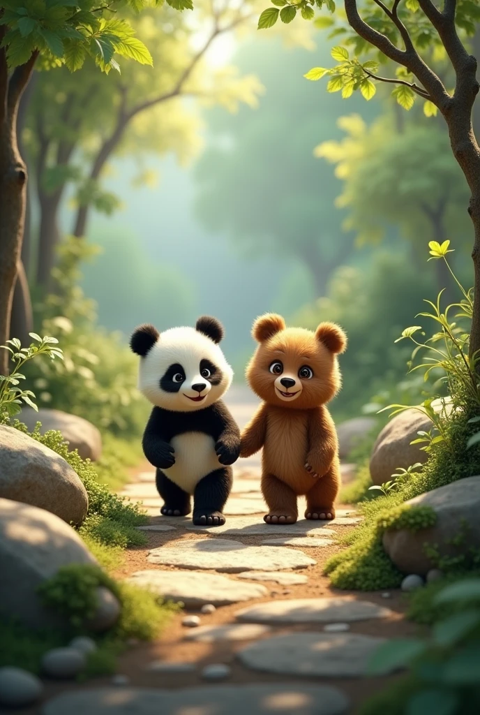 Make a picture where a panda bear and a brown bear both walk along a path of large stones and branches, the two little bears