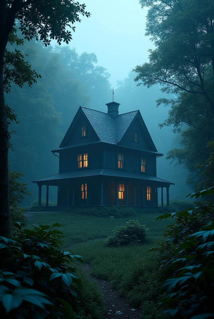 Create an image of a house in the middle of nowhere but surrounded by vegetation. This is dark blue with two windows in the dark.