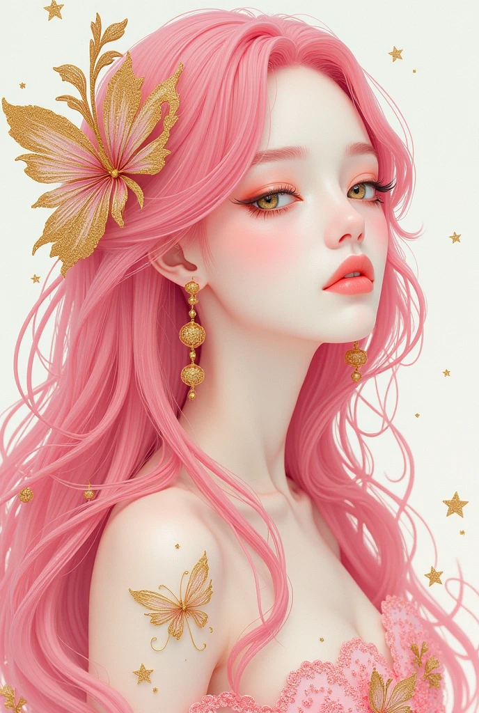 (White background:1.4),(Girl's head silhouette, Eyes closed, Long colored hair, Oriental elements),(Chinese illustration:1.3,Paper Art:1.3, キルティングPaper Art:1.2),( Streamlined Design, Clear lines, High sharpness,Better Quality, Very detailed, Master Parts, Film Light Effect, 4K ) Illustration design, porcelain doll skin, beautiful detailed eyes, beautiful detailed lips, extremely detailed gold eyes and face, long eyelashes, upper body, from side, looking at viewer, (fractal art:1.3), (pink hair:1.2), water, liquid, cloud, colorful, starry, stars, (best quality, 4k, 8k, highres, masterpiece:1.2), ultra-detailed, (realistic, photorealistic, photo-realistic:1.37), vibrant colors, studio lighting, extremely detailed description, professional, concept art, surreal, 1920s french vibe, monochromatic gold and pink palette, in the style of french illustrator moebius, gold elements,