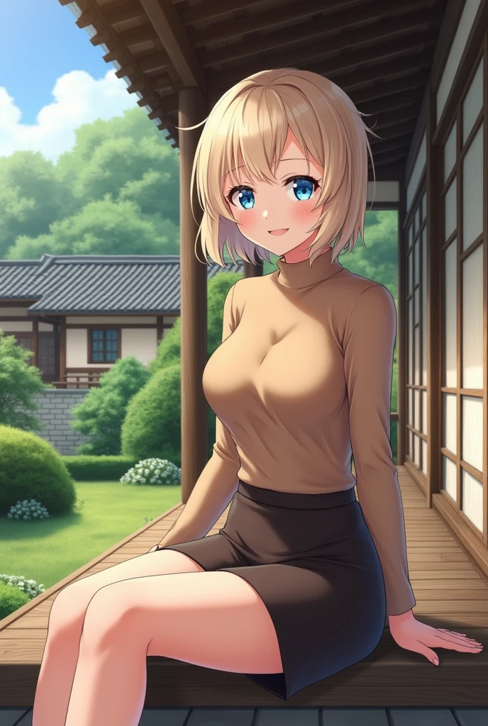 (photorealism:1.2), Anime woman, light blonde, wearing brown turtleneck sweater, wearing pencil skirt, short hairstyle, smiling, blue eyes, grown woman, full body, sitting on the porch, japanese style home, plants in the garden