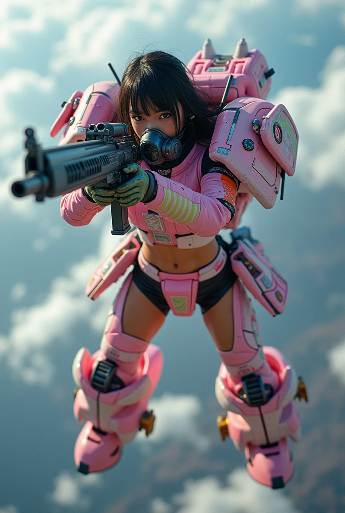 photo-realistic, ultra-realistic, very beautiful Japanese, famous Japanese idol but the strongest soldier in the world, 20 years old, dramatic scene, masterpiece, beautiful eyes, (extremely intricated with extremely complex pastel colored cute cyber punk mecha armored full-face gas mask:1.5), (wearing colorful pastel color tiled cyber punk mecha-suits with neon marker:1.5), (She uses the ultra high power rocket engine on her back to flying high speed in the sky:1.5), amazing view from sky, smile, acrobatic pose, dynamic angle, (aim and shoot:1.3), spectacular and intense aerial battles, Nimble movements, Sharp turns, (very large breasts), (Fully equipped for battle:1.3), (holding m4a1 large assault rifle:1.2),