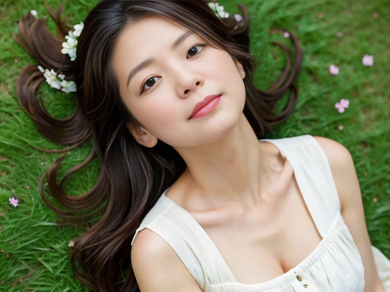 A drone-captured aerial view of a beautiful Japanese woman standing in an open field, looking up towards the sky. The perspective is from directly above, emphasizing the height and distance as the drone hovers high above her. She has a delicate and symmetrical face, with soft features that are clearly visible despite the top-down angle. Her dark, glossy hair is gently tousled by the breeze, and she is wearing a flowing white dress that contrasts elegantly with the lush green grass beneath her. Her serene and curious expression is captured perfectly, as her large, expressive eyes gaze upwards. The sunlight casts soft, natural shadows, enhancing the depth and realism of the scene, while the woman's beauty and grace are evident from this unique aerial perspective.
