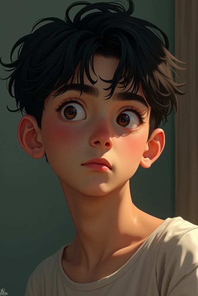 A Brazilian boy, offwhite, blackquality hair, bangs thrown as if they were a bit messy, almost perfect eyebrow, face a little square and full at the same time, mouth with thin, hydrated lips, eyes not so big and hair a little short, his bangs aren't that big and his eyes shine when he thinks about his girlfriend
