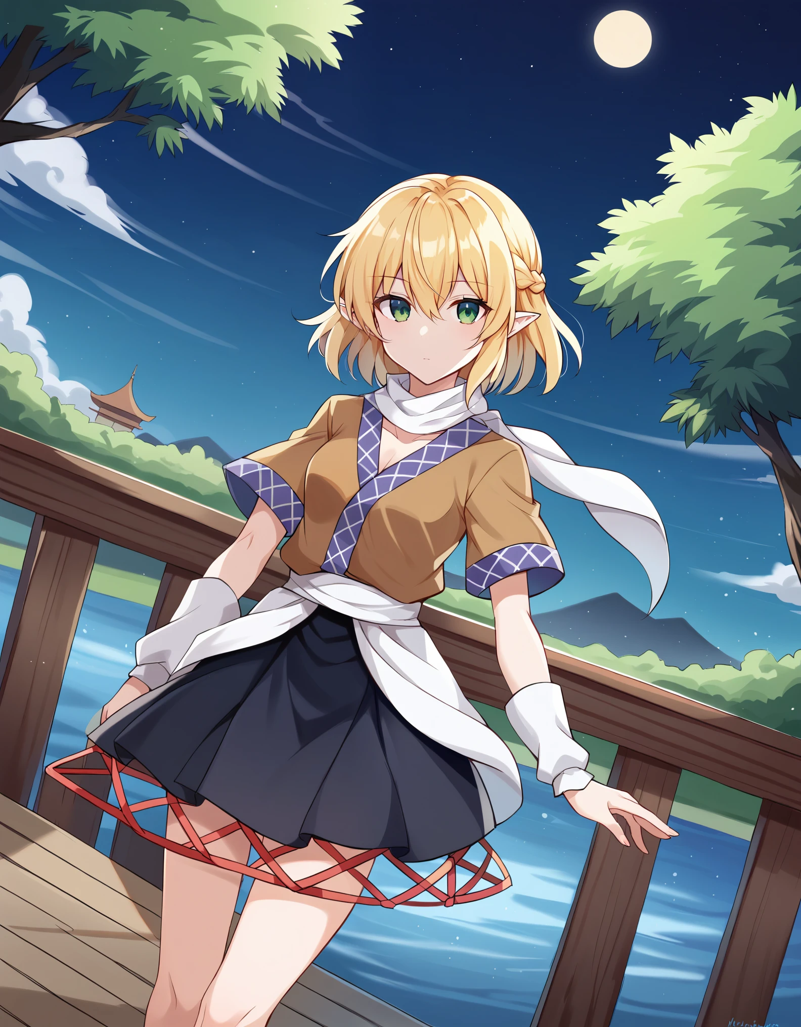score_9, score_8_superior, score_7_superior, sauce_anime, evaluation_Safety, BREAK Mizuhashi Percy, One person, Blonde, short hair, Braiding, half superiordo, Pointed Ears, Green Eyes, Medium chest, Brown jacket, Short sleeve, Black Shirt, White scarf, White Arm Warmers, White sash, Colorful clothes, Layered skirt, Black Skirt, Expressionless, View your viewers, Wooden bridge, Dutch Angle, Wind, Wooden fence, Summer festival, Are standing, dark, night, river